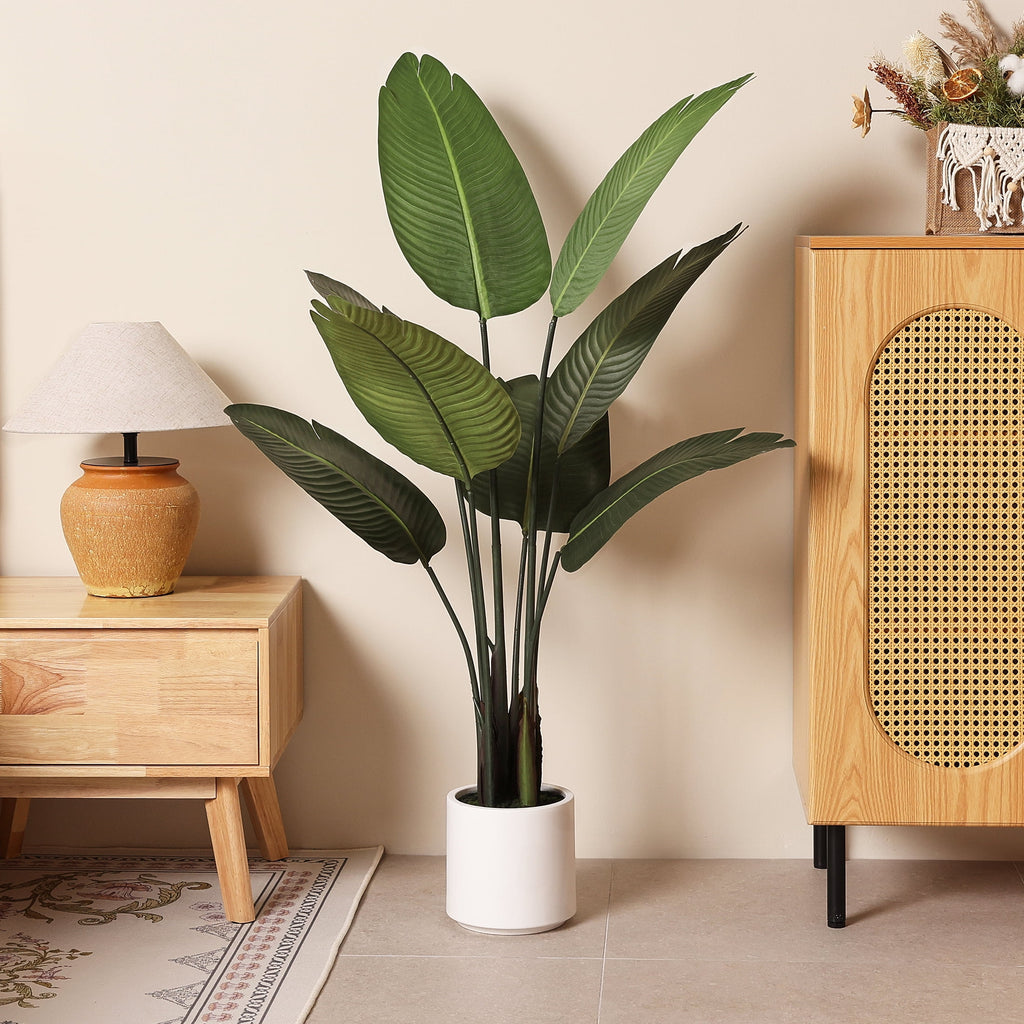 DR.Planzen 4.5ft Artificial Bird Of Paradise Plants with White Planter, Tall Faux Paradise Tree, Artificial Plants for Home Office Decor