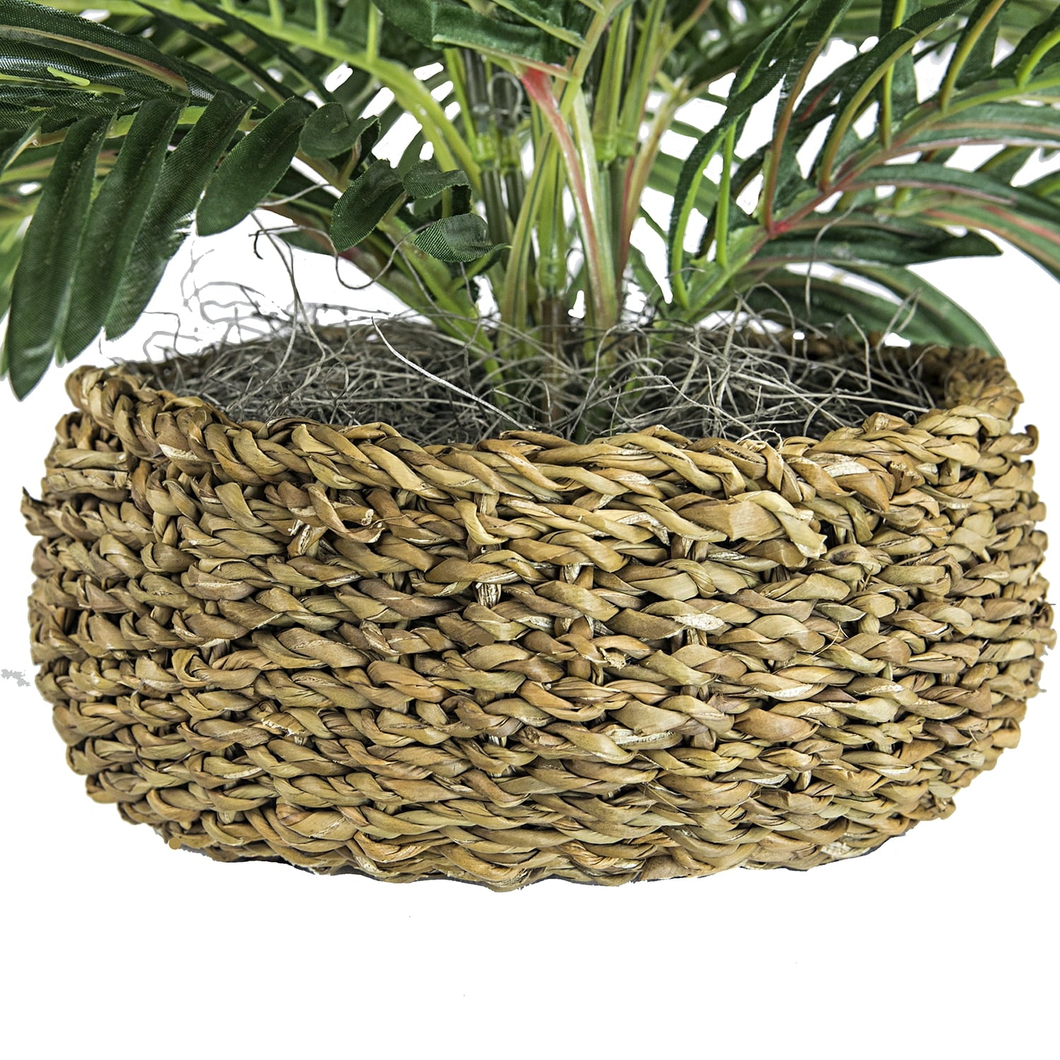 Artificial Plant, 14" Artificial Phoenix Palm in Low Round Handwoven Basket by LCG Florals, Faux Designer Fake Indoor Tabletop Plant for Living Room, Office, and Home Décor