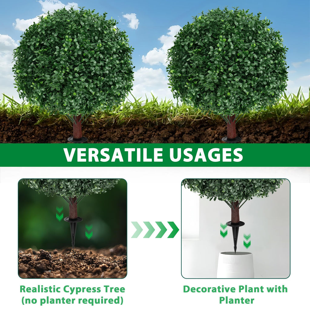 2 16in Artificial Boxwood Sphere Bushes - UV Resistant, with Stakes, Porch/Planter/Indoor Decor