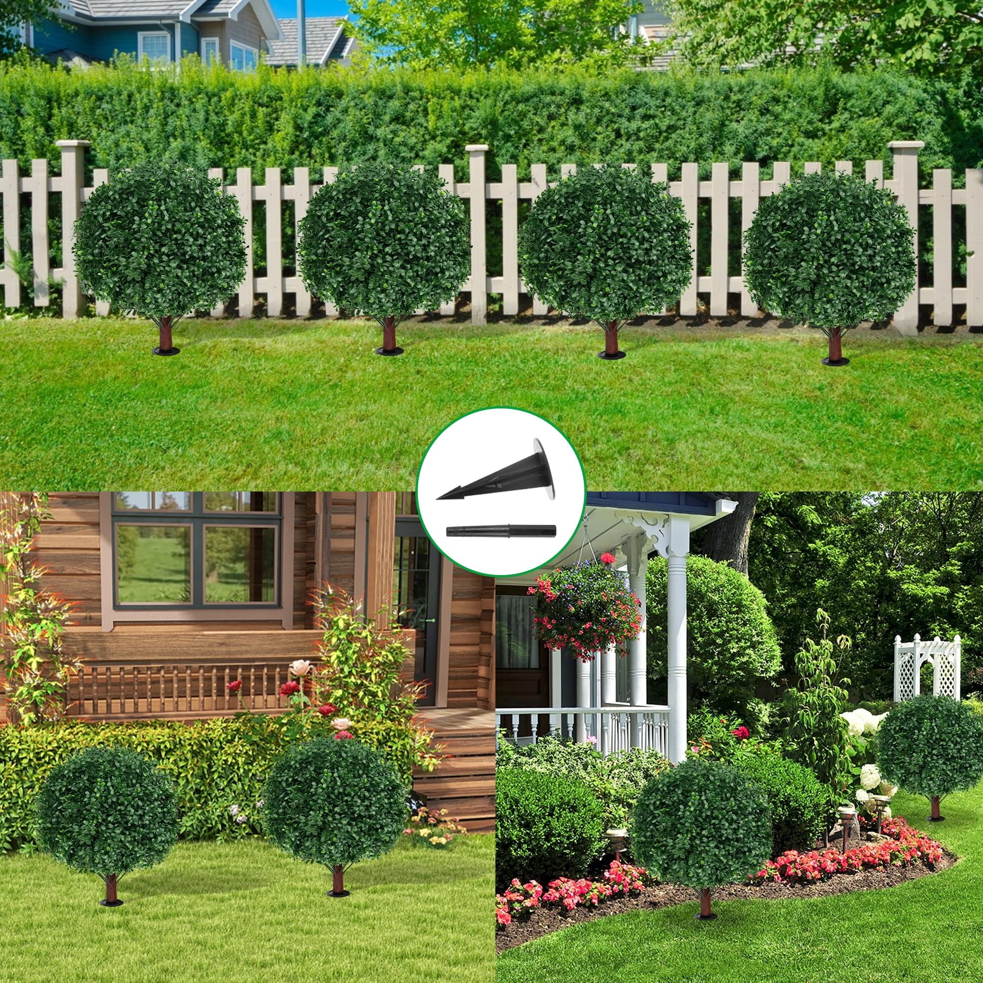 2 16in Artificial Boxwood Sphere Bushes - UV Resistant, with Stakes, Porch/Planter/Indoor Decor
