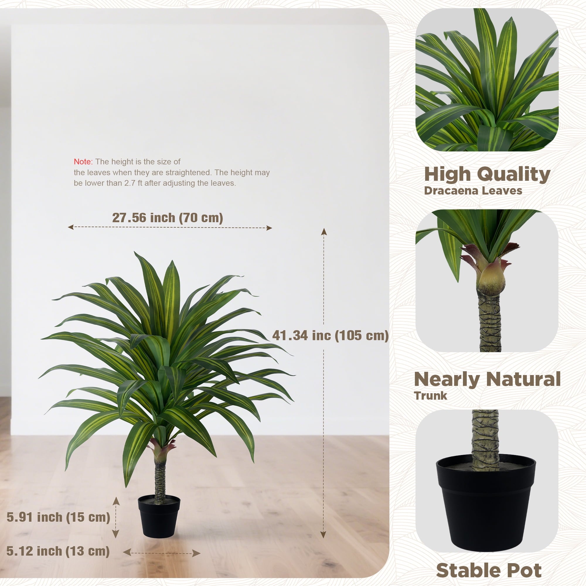 OLIVIVI Artificial Dracaena Tree 3.5FT Tall Faux Silk Plant for Home Office Decor Indoor Outdoor Fake Lifelike Potted Plant with Wood Branches 1 pack
