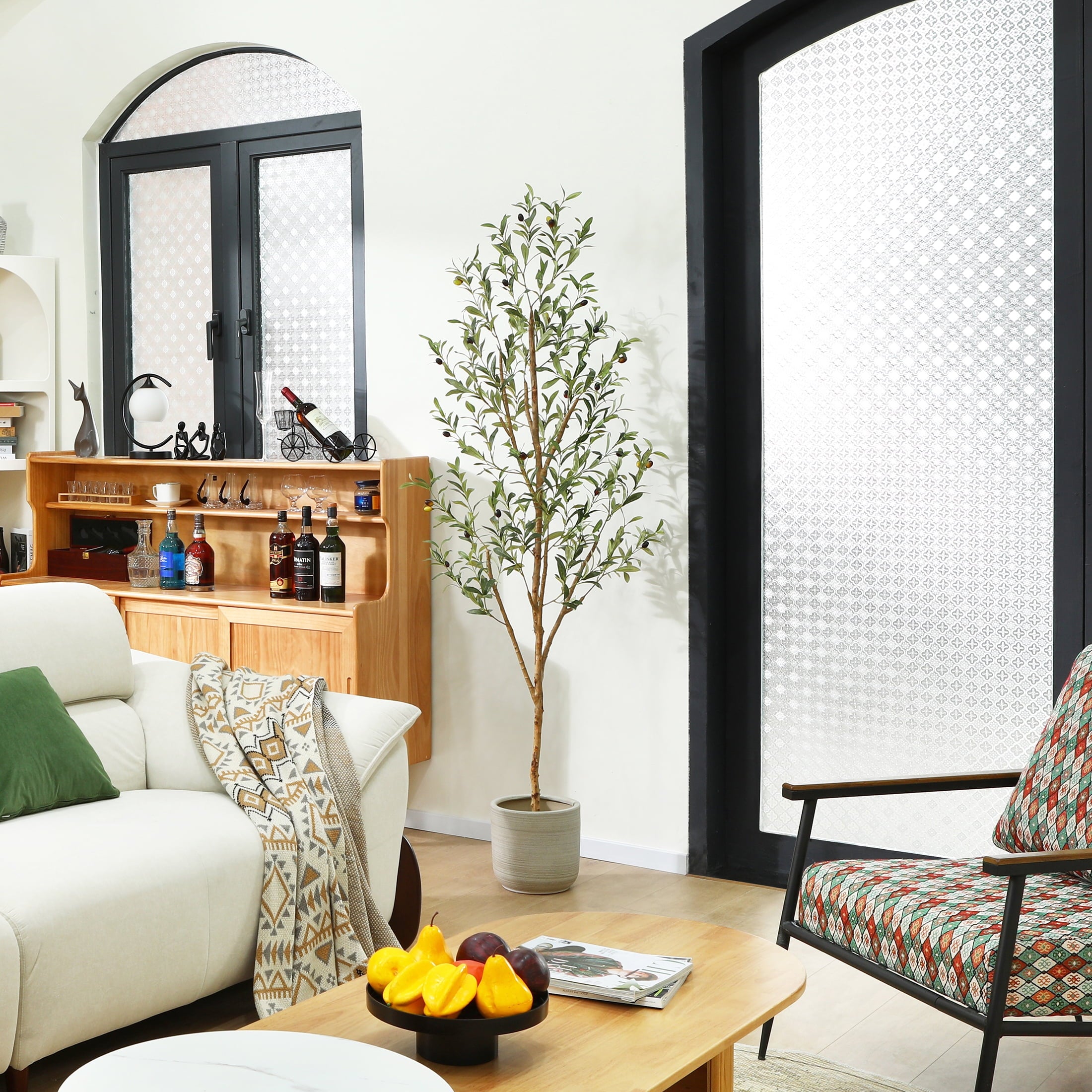 6 ft Artificial Olive Plants with Realistic Leaves and Natural Trunk, Silk Fake Olive Tree in Black Plastic Pot, Faux Olive Tree for Office Home