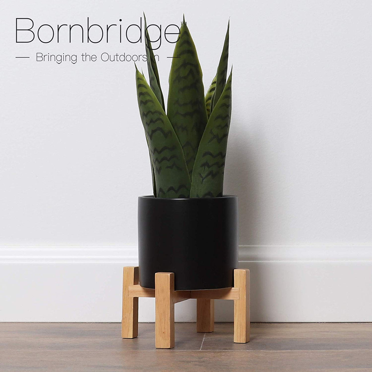 Bornbridge Artificial Snake Plant with Mid Century Plant Stand - Sansevieria Plant in Modern Planter - Small, 1 Pack