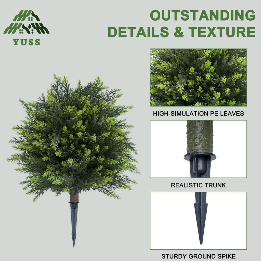 YUSS 21 inch Artificial Cypress Topiary Plants 2 Pack, Faux Cedar Bushes with Ground Spike UV Resistant, Outdoor Fake Shrubs for Front Porch Decor