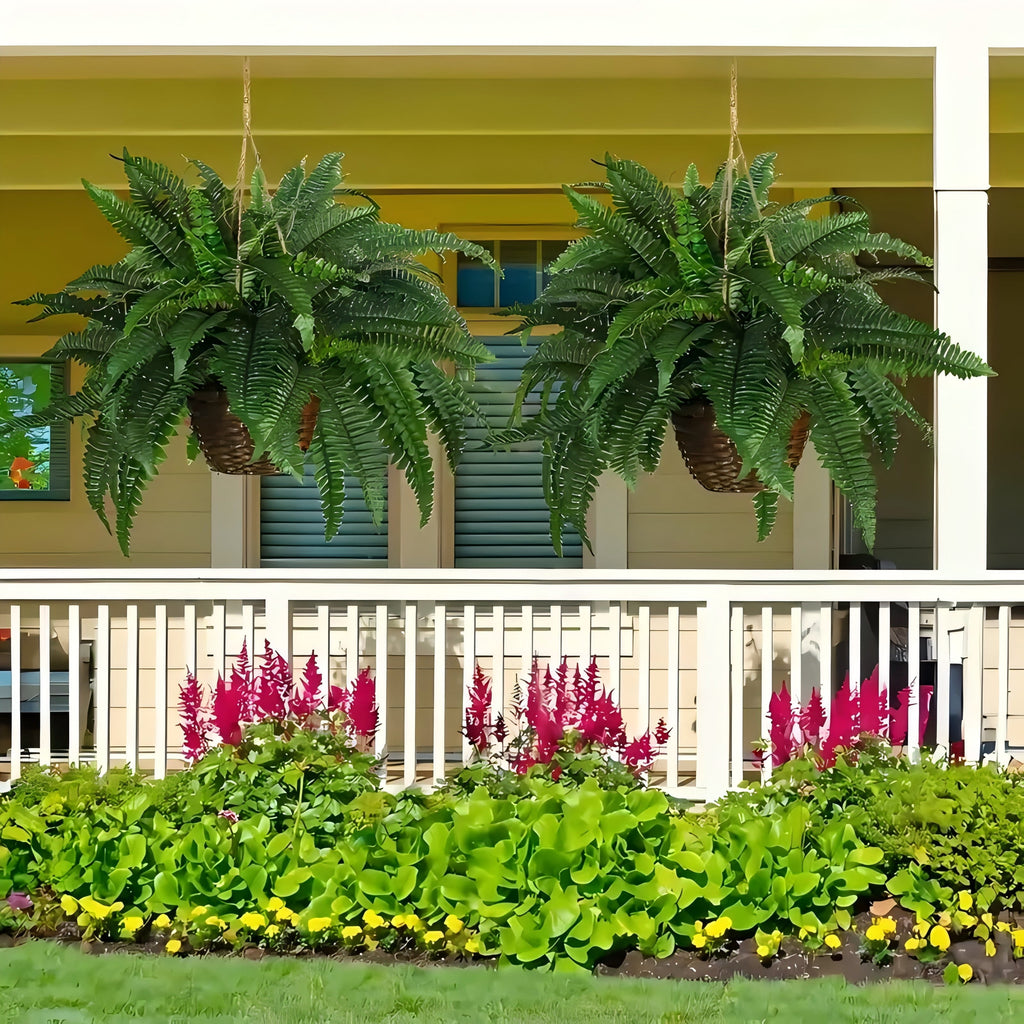 38 leaves 2 pieces lifelike artificial Boston fern plants, versatile faux potted plants for home, garden porch cabin decor, hanging display, indoor/out use, pot not included