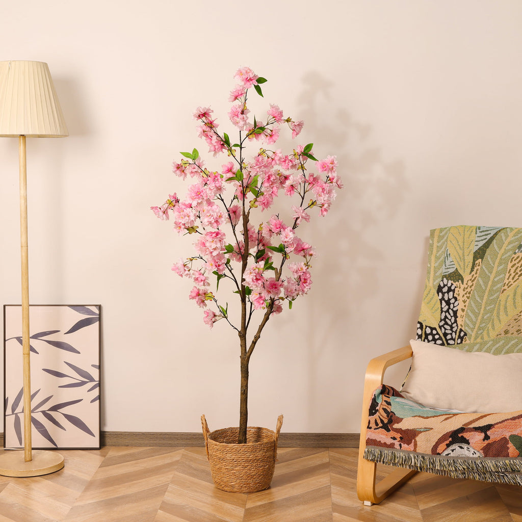 HiPlants 5ft Artificial Pink Cherry Blossom Tree in Black Pot, Faux Wishing Tree Indoor for Garden Office Party Wedding Hotel, Fake Plants for Office Home Decor