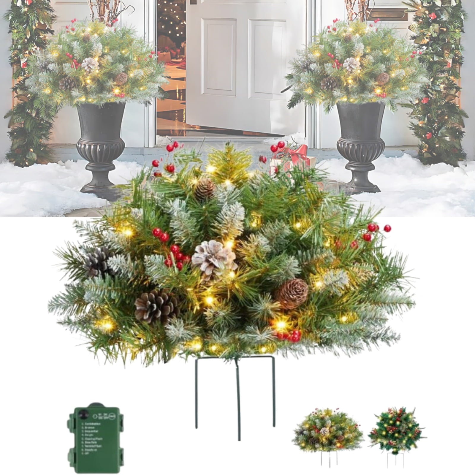 BINGTAOHU 2 Pcs Pre-lit Christmas Tree Outdoor Prelit Planter Bushes Christmas Tree Frosted Urn Filler Holiday Planter Filler Small with Warm LED Lights for Porch Pathway Front Door 23.62 In