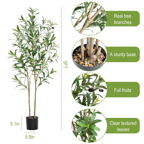 5ft Artificial Olive Tree with Natural Wood Trunk and Lifelike Fruits,Faux Olive Plants for Home Office Decor Indoor Artificial Olive Tree