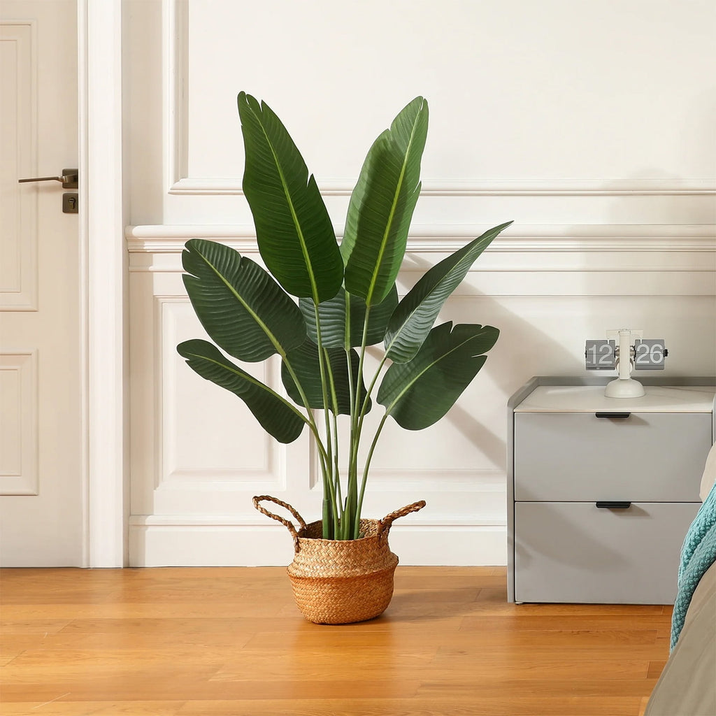 SUSUZI 4ft Artificial Bird of Paradise Plant – Fake Tropical Palm Tree, Faux Strelitzia for Indoor Outdoor Home Office Decor (Stable Black Pot, Low Maintenance)