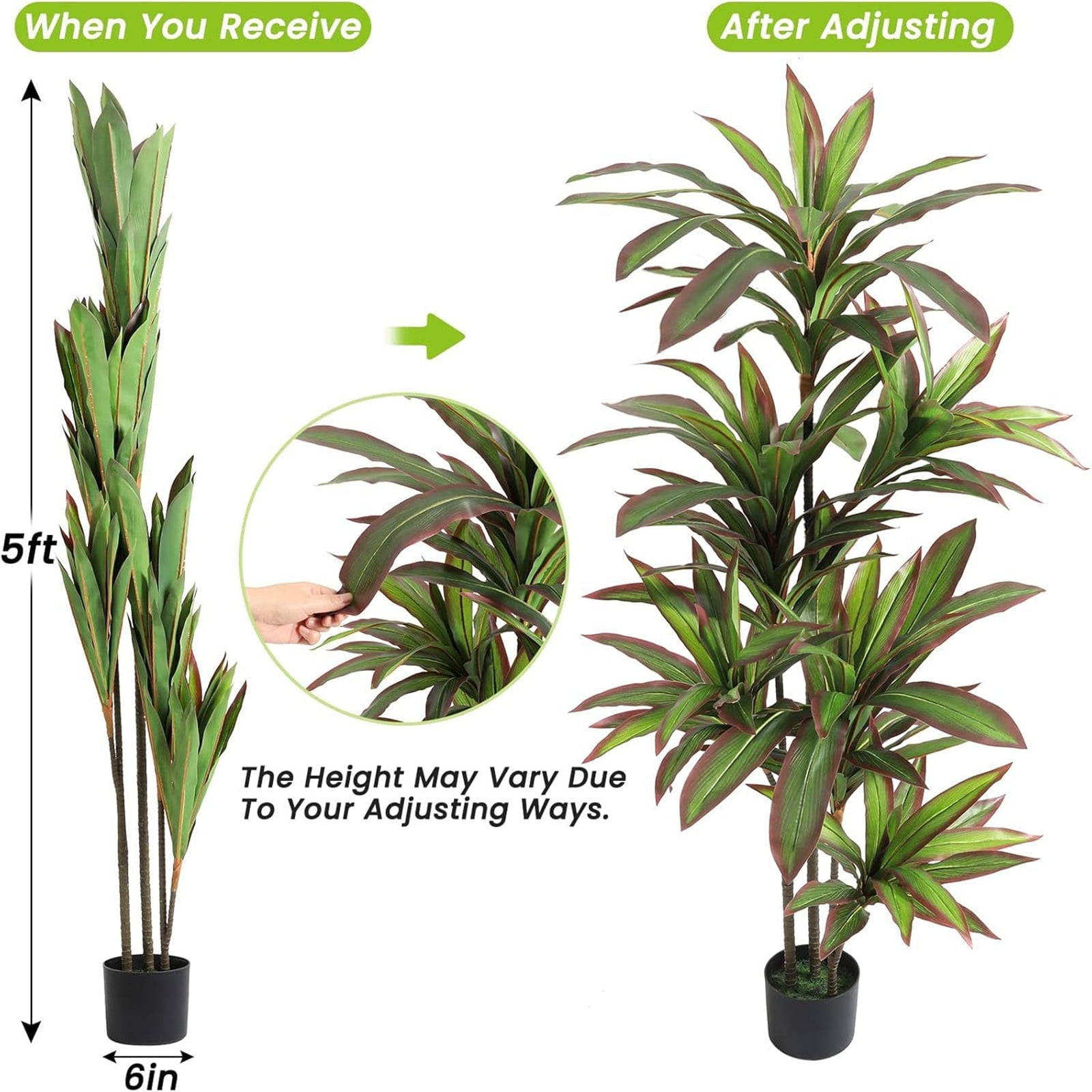 Artificial Dracaena Tree, Artificial Plants Indoor With White Planter, Tropical Fake Plant In Pot With Adjustable Branche